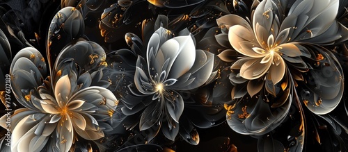 3d rendering abstract texture black and gold floral pattern background. AI generated image photo
