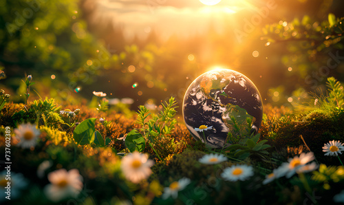 Globe and flowers Save the planet concept earth day