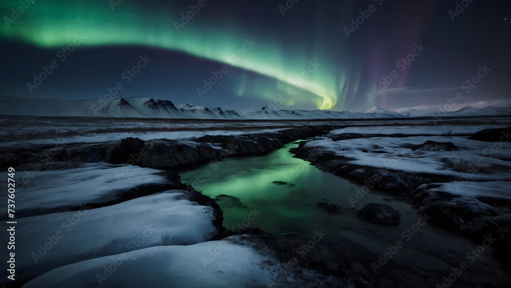 Icelandic Aurora  in the sky with moving rivers - obrazy, fototapety, plakaty 