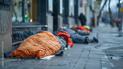 Homeless people sleeping in sleeping bag and cardboard in a street, concept of financial crisis, unemployment, lose job, vulnerable groups. photo