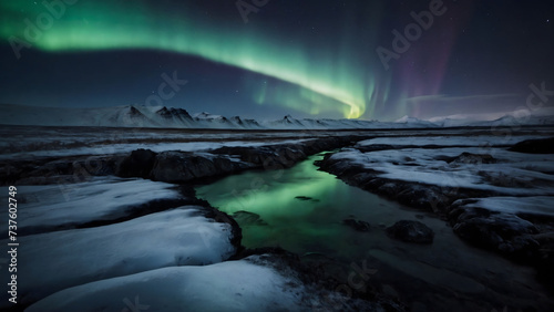 Icelandic Aurora in the sky with moving rivers