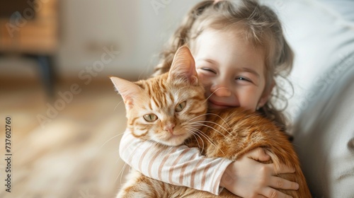 Happy toddler girl hugging her beautiful redhead cat at home with copy space. Love to the animal.