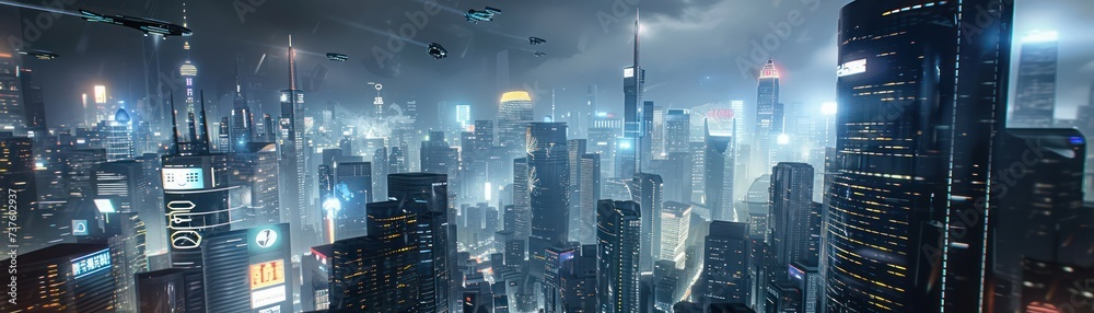 Futuristic cityscape with advanced flying cars and sci-fi skyline. Background for technological processes, science, presentations, education, etc