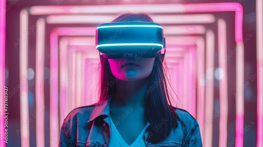 Woman wearing virtual reality glasses on futuristic neon background