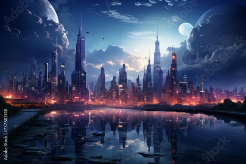a futuristic city is reflected in the water at night