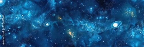 Ethereal starry nebula and cosmic dust in deep blue space. Background for technological processes, science, presentations, education, etc