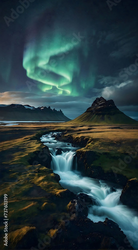 Aurora In Iceland with a waterfall © Reality