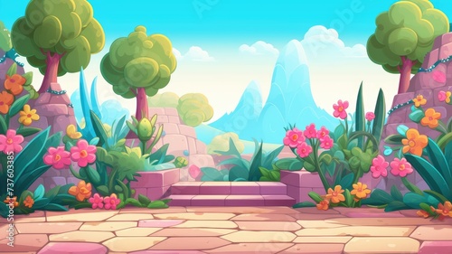 cartoon landscape with a stone path leading through vibrant greenery and blooming flowers under a bright sky