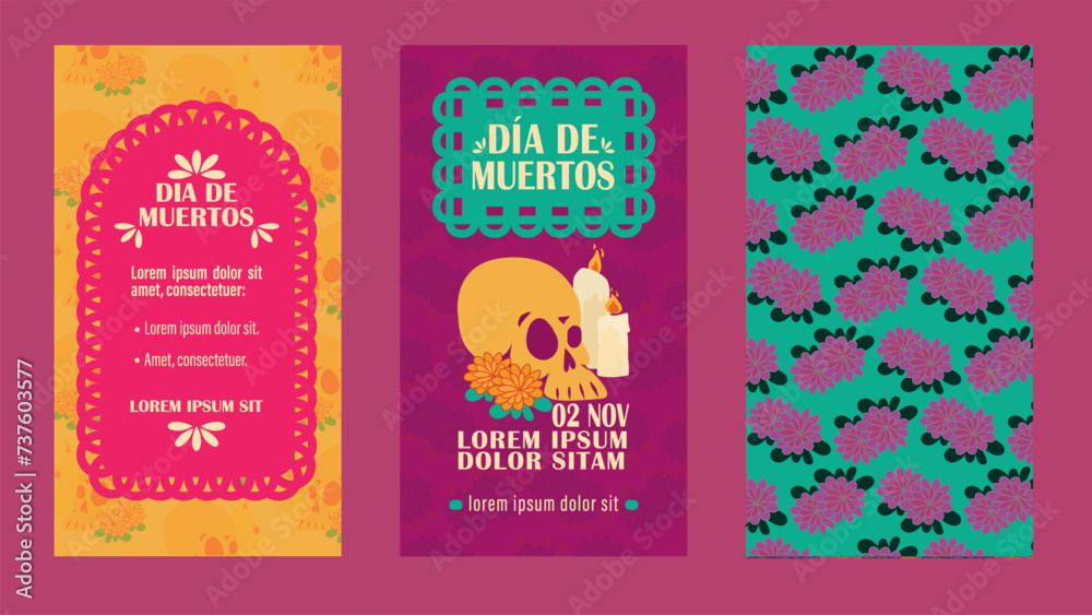 Ilustraciones de Día de muertos. Tradición mexicana. Papel picado.	