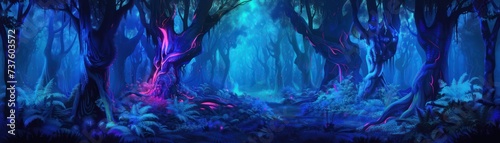 Enchanted forest with magical bioluminescent flora and shimmering trees. Background for technological processes  science  presentations  education  etc