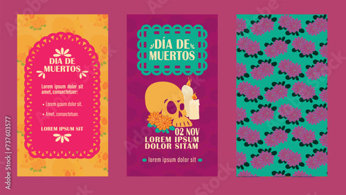Ilustraciones de Día de muertos. Tradición mexicana. Papel picado. 