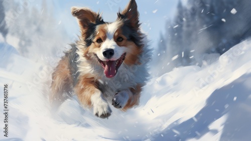 A happy dog running in the snow during winter. © Muamanah