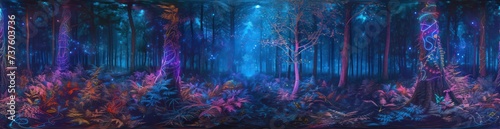 Enchanted forest with magical bioluminescent flora and shimmering trees. Background for technological processes  science  presentations  education  etc