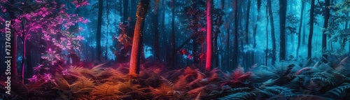 Enchanted forest with magical bioluminescent flora and shimmering trees. Background for technological processes  science  presentations  education  etc