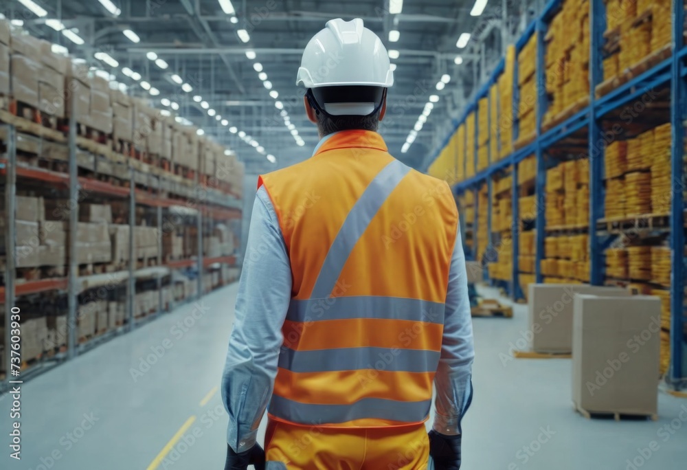 A man wearing a reflective vest and a safety helmet at a working site A man wearing a reflective vest and a safety helmet at a working site