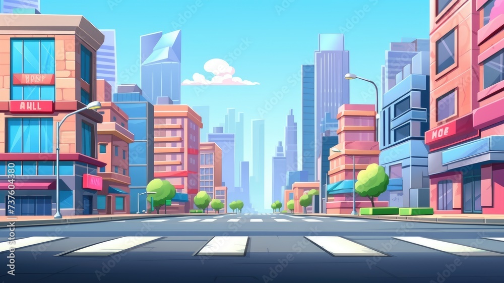 cartoon cityscape with modern and traditional buildings, clear skies, and empty streets