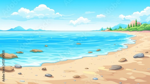 colorful cartoon illustration of a tropical beach with clear skies, palm trees, and distant mountains.