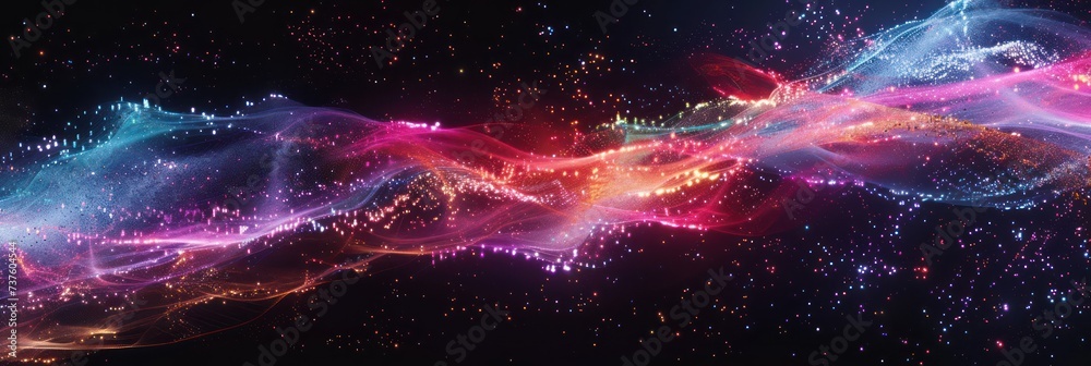 Abstract cosmic flow with vibrant colors and ethereal star particles. Background for technological processes, science, presentations, education, etc