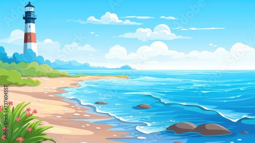 cartoon beach scene with clear blue waters, sky, and lush greenery