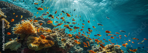Sunbeams penetrate the ocean surface, illuminating a bustling underwater world of coral reefs teeming with colorful fish.
