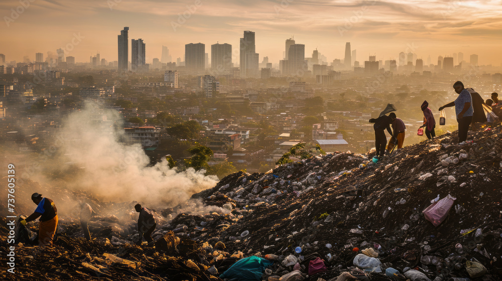 A stark contrast of urban development and sprawling landfill sites, highlighting challenges in waste management and environmental pollution. A stark contrast of urban development and sprawling landfill sites, highlighting challenges in waste management and environmental pollution.