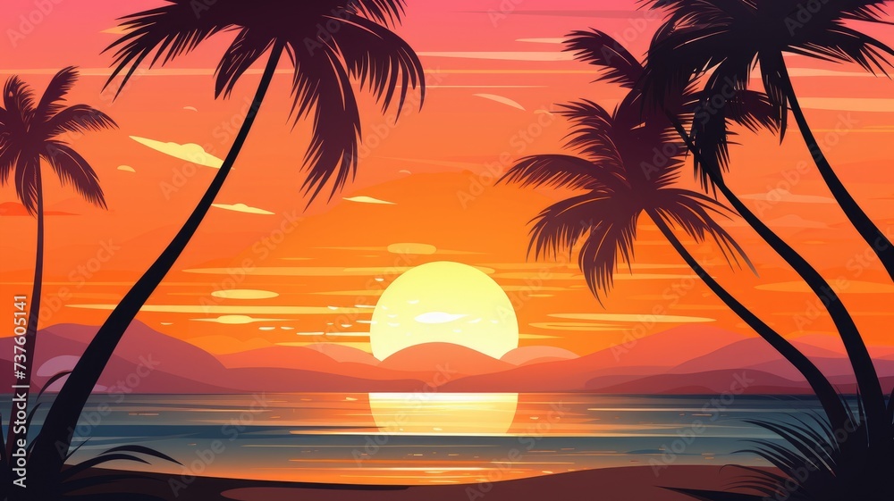 Summer sunset beach with palm tree and orange sky cartoon landscape.