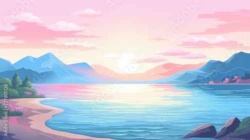 cartoon illustration Summer landscape with sea and mountains in fog