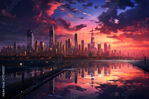a city skyline is reflected in the water at sunset