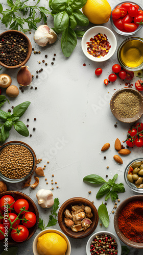 Wallpaper Mural Spices and herbs on light stone background. Food and cuisine ingredients.	 Torontodigital.ca