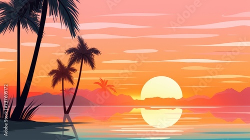 Summer sunset beach with palm tree and orange sky cartoon landscape. © chesleatsz