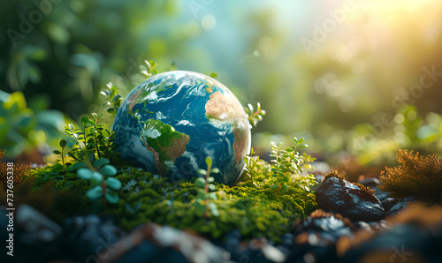 Earth planet with green grass and flowers, Earth day concept