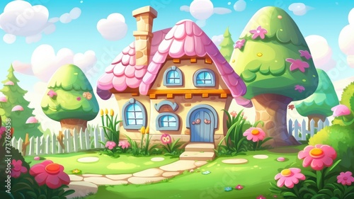 Sunny village scene with cute fantasy dwarf house cartoon illustration. © chesleatsz