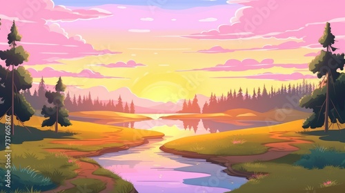 cartoon illustration Sunset nature landscape