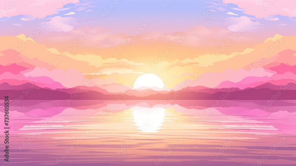 cartoon illustration Sunset or sunrise on the beach landscape with beautiful pink sky and sun reflection