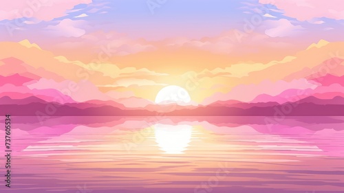 cartoon illustration Sunset or sunrise on the beach landscape with beautiful pink sky and sun reflection © chesleatsz