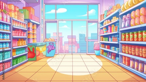 cartoon illustration Supermarket with colorful shelves of merchandise and front door.