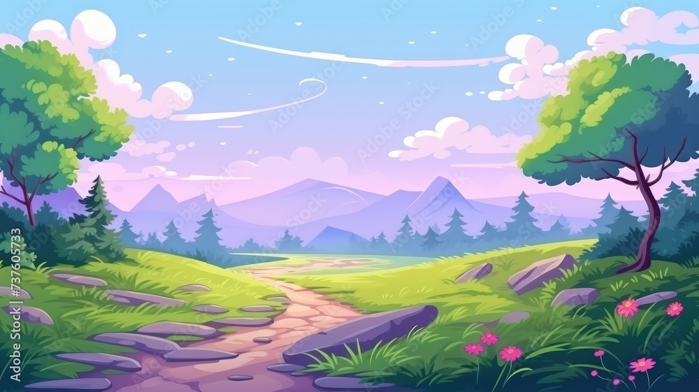 cartoon landscape with a stone path leading towards distant mountains, surrounded by lush greenery and blooming flowers under a pastel sky.