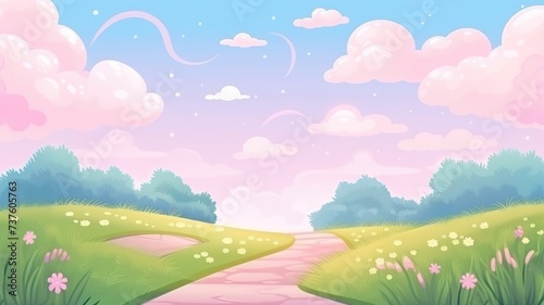 cartoon landscape with a stone path leading towards distant mountains  surrounded by lush greenery and blooming flowers under a pastel sky.