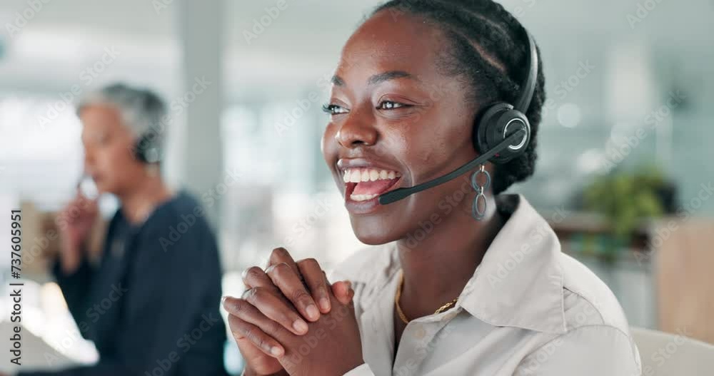 Call center, woman and happy with communication and telemarketing with customer service and headset. Consultant, black person and helpdesk operator with discussion, microphone and crm support at work