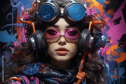 a woman wearing headphones and goggles is standing in front of a colorful wall