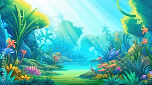 cartoon vibrant underwater scene with colorful corals, seaweed, and fish © chesleatsz