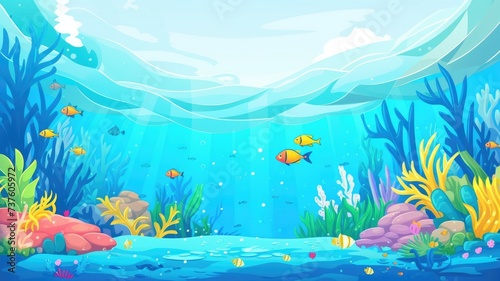 cartoon vibrant underwater scene with colorful corals  seaweed  and fish