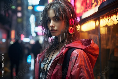 a woman wearing headphones and a red jacket is standing on a city street