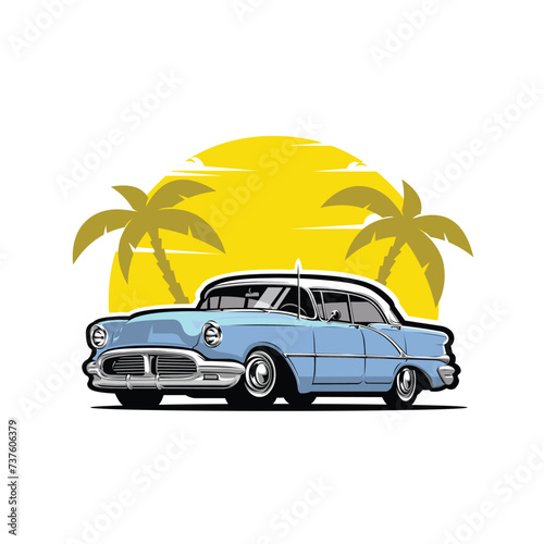 Classic vintage retro car in beach vector art illustration isolated. Best for automotive tshirt design
