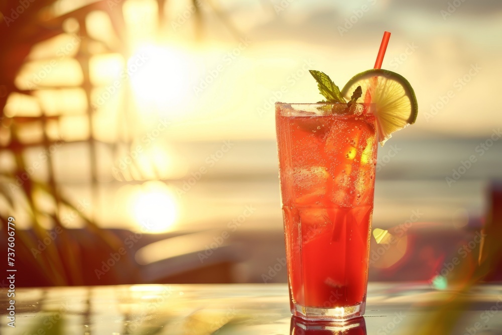 Red Cocktail with Lime and Mint in the Evening on the Beach. Red Cocktail with Lime and Mint in the Evening on the Beach.