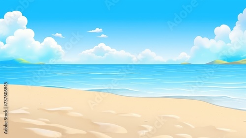 cartoon beach scene with golden sands, calm blue waters, fluffy clouds, and distant green hills