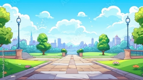cartoon cityscape viewed from a vibrant park with a paved path, green trees, and a clear sky.