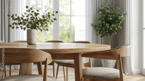 A bright  minimalist dining room featuring a wooden oval table  modern chairs  and elegant pendant lights  bathed in natural sunlight.