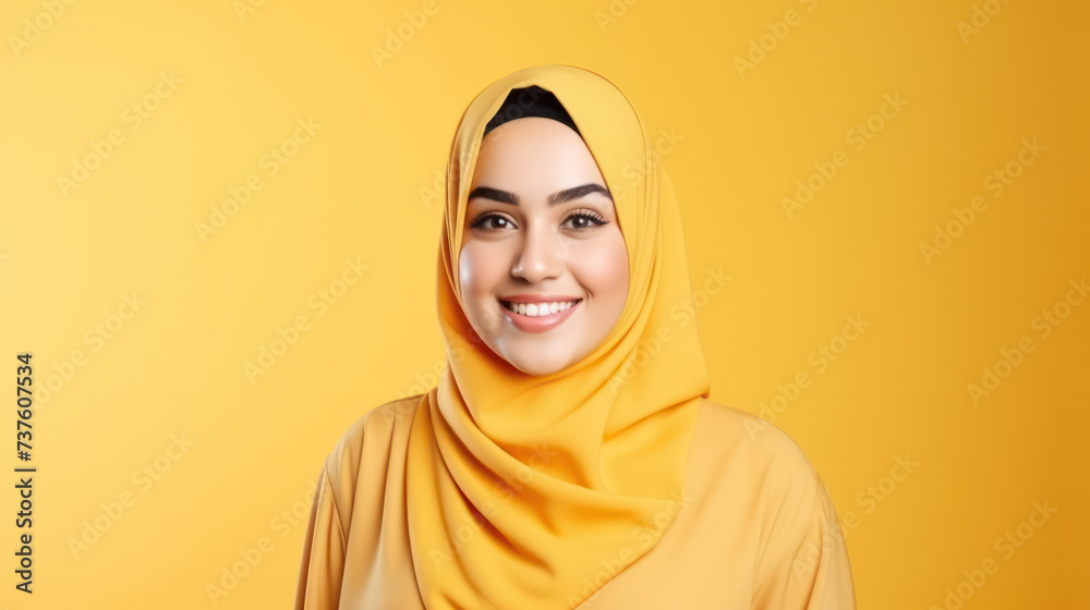 Close-up portrait of attractive cheery modest muslimah wearing yellow hijab isolated over bright yellow color background Close-up portrait of attractive cheery modest muslimah wearing yellow hijab isolated over bright yellow color background