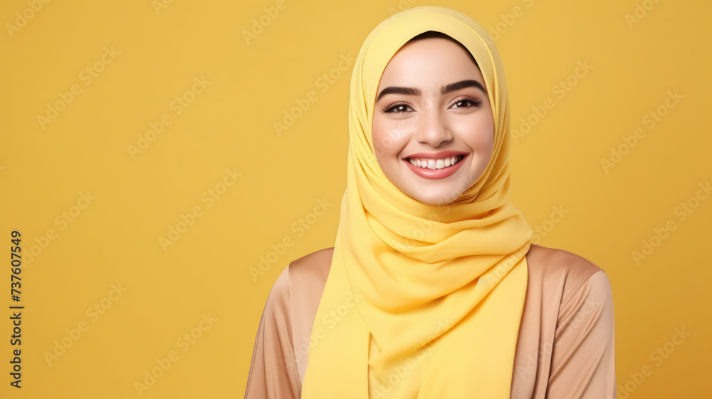 Close-up portrait of attractive cheery modest muslimah wearing yellow hijab isolated over bright yellow color background Close-up portrait of attractive cheery modest muslimah wearing yellow hijab isolated over bright yellow color background